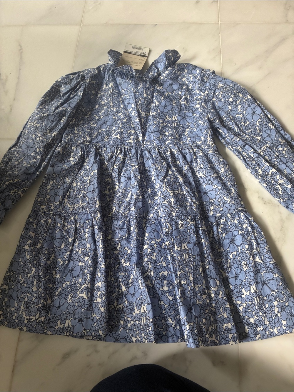 Light Blue Floral Tiered Long-Sleeve Kids Dress